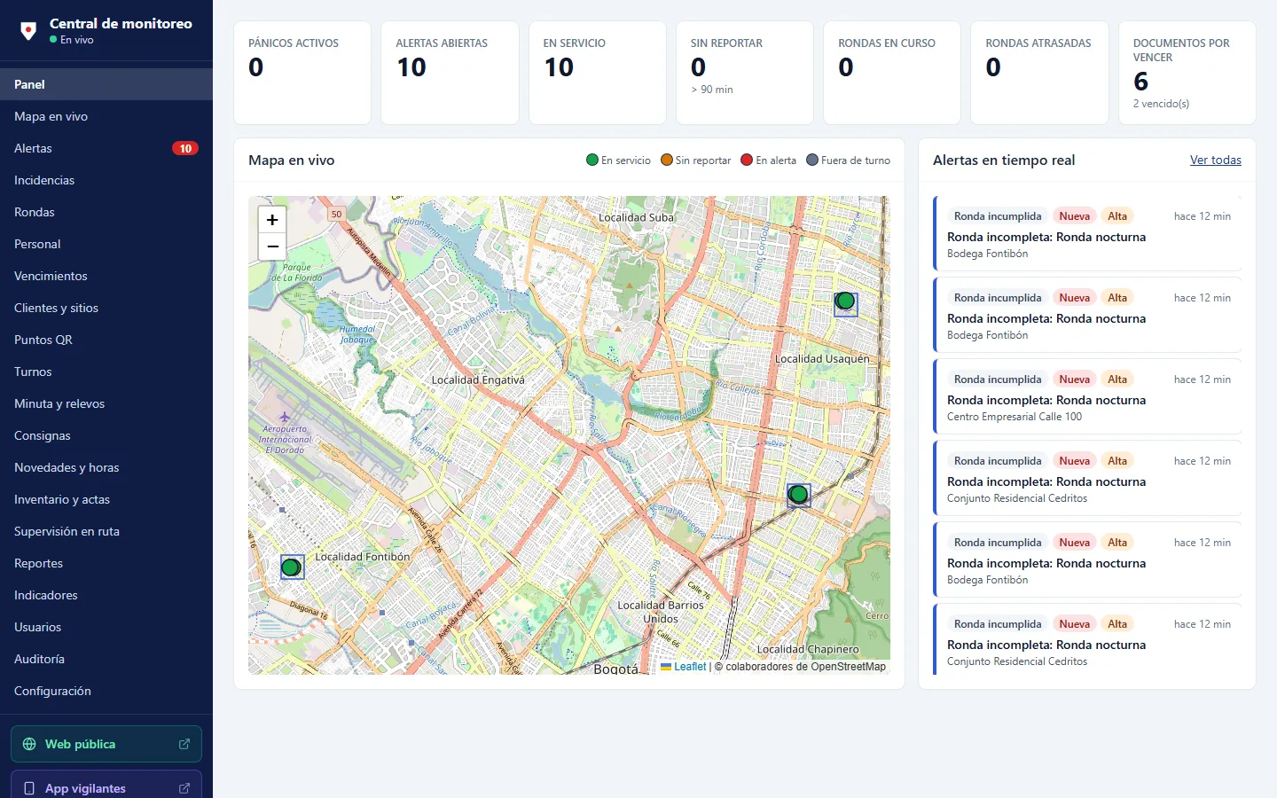 Central de monitoreo con el personal en el mapa, indicadores y alertas en tiempo real